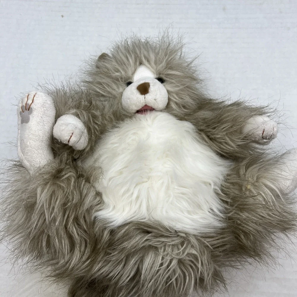 Folkmanis Fluffy‎ Cat Plush Hand Puppet Gray Long Hair Full Body Moveable Mouth